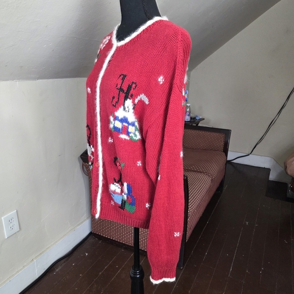 VTG BellePointe Christmas Cardigan Red Knit Holiday Sweater Made in Hong Kong M - Picture 4 of 16